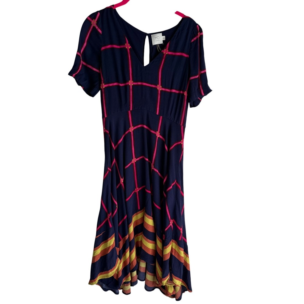 ANTHROPOLOGIE HD In Paris Navy Blue Pane Print Asymmetrical Ladies Dress,2